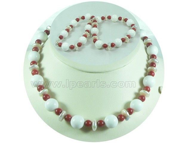 beautiful white coin pearl and 8mm red coral necklace